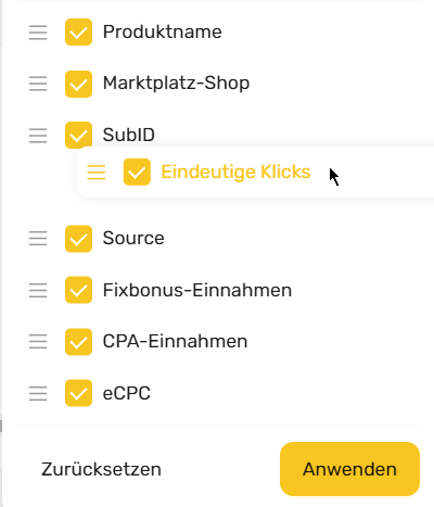 Reihenfolge der Spalten in Statistik anpassen