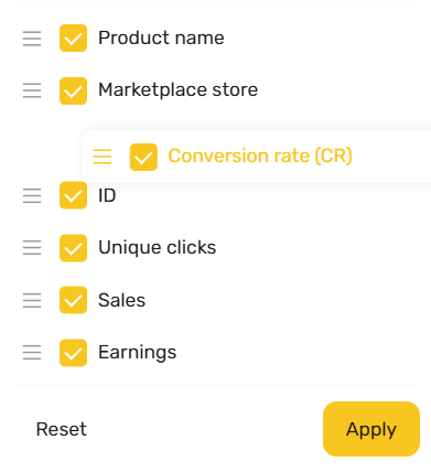Customizing the column order in Statistics
