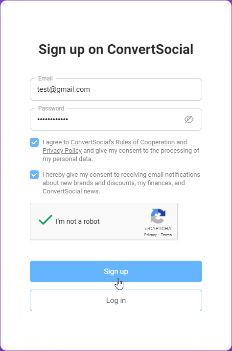 How to sign up on ConvertSocial 1
